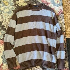 Brandy Melville Brown and Gray Striped Crewneck Sweater